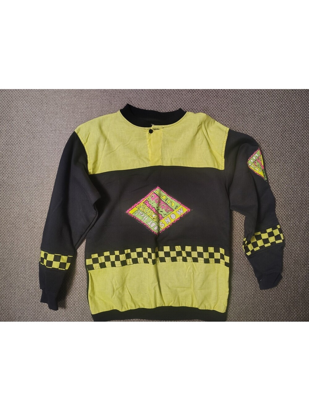 Vtg 80s Sergio Valente Body Heat Crewneck Sweatshirt Neon Lime Checkered Mens S